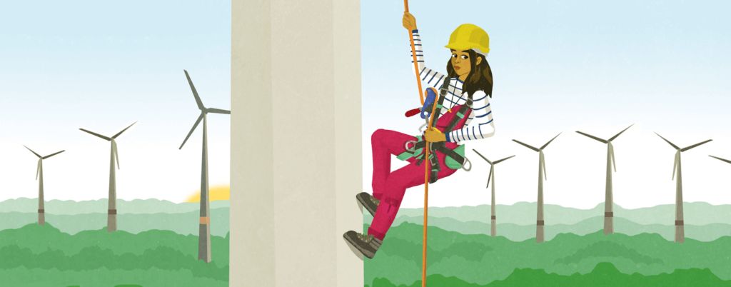 Szene aus dem Computerspiel: Mädchen klettert auf Windkraftanlage