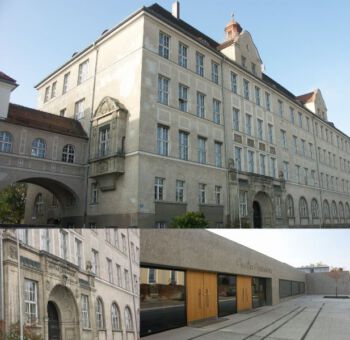 graues Schulgebäude aus zwei Perspektiven zusammengeschnitten